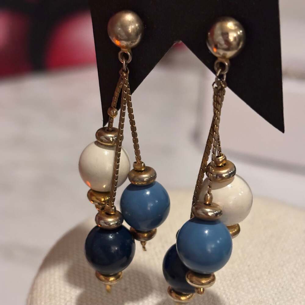 Vintage Multi-Strand Blue and White Bead Dangle Earrings